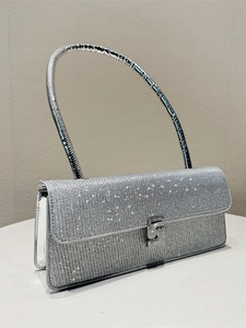 Silver sequin shoulder bag with rhinestone finish and metal buckle for elegant commute