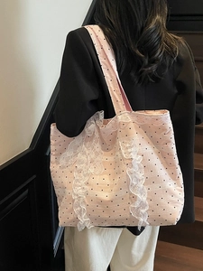 Sac fourre-tout rose à pois avec dentelle blanche et grande capacité pour l'été