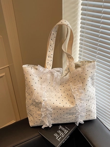 Sac fourre-tout en toile à pois blancs avec nœud en dentelle et grande capacité