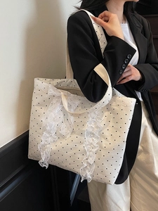 Grand sac cabas blanc à pois avec volants en dentelle et nœud décoratif pour femmes