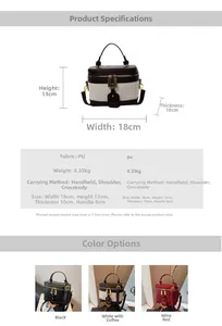 Detailed view of minimalist PU leather bucket bag with dimensions and multi-color options