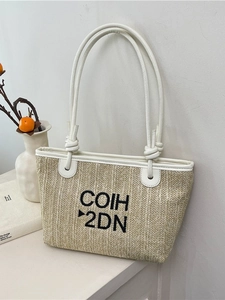 Large Capacity Straw Woven Tote Bag For Women Summer Beach Vacation Shoulder Bag With Letter Embroidery Knotted Strap