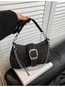 Vintage Denim Underarm Bag For Women With Metal Chain Large Buckle Contrast Stitching Casual Baguette Shoulder Bag