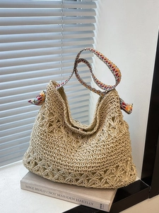 Bohemian Hollow Crochet Flower Large Straw Tote Bag With Colorful Geometric Shoulder Strap For Women Summer Vacation