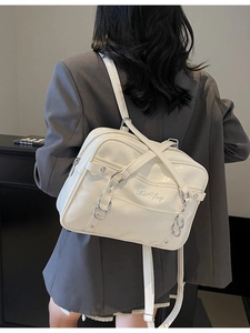 White minimalist high-gloss shoulder bag with retro embroidery and silver metal D-ring buckle