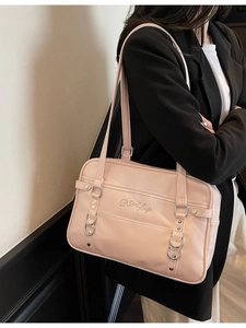 Pink PU leather shoulder bag with embroidery in a minimalist Korean style tote