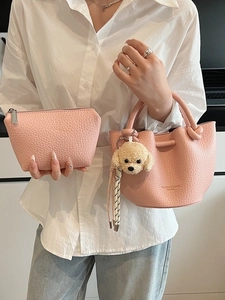 Pink lychee texture bucket bag and small pouch set with cute teddy bear charm