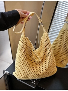 Women Woven Shoulder Bag Summer Straw Crochet Hollow Out Tote Beach Vacation Hobo Bag Large Capacity Casual Handbag