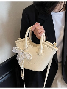 Women Fashion Contrast Color PU Leather Bucket Bag With Artificial Pearl Lace Bow Charm Small Handheld Crossbody Shoulder Bag