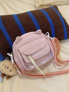 Mignon Sac Bandoulière en Nylon avec Oreilles de Chat pour Femmes Petit Sac Carré avec Lettres Poche Transparente Sac Quotidien Étudiant