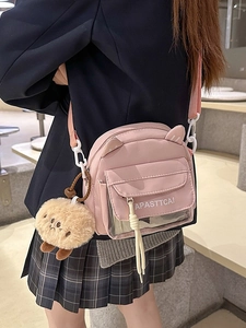 Sac bandoulière rose en nylon avec oreilles de chat et pendentif peluche fille