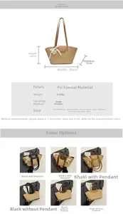 Detailed size specifications for woven tote bag with PU handles and pearl bow accent