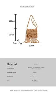 Detailed size specifications for beige macramé woven crossbody bag with fringe