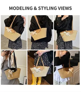 Collage of model carrying a straw tote bag with leather straps and pearl bow charm detail
