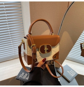 Detail of bear embossed pattern and golden vintage buckle on two-tone crossbody bag