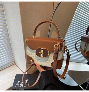 Detailed close-up of retro color-block bag with embossed bear and metal lock clasp