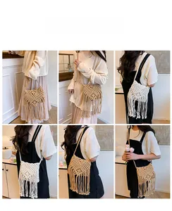 Detailed views of macrame tassel crossbody bag with intricate bohemian woven textures