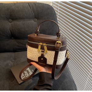 Detail of vintage box bag with brown leather and woven texture featuring gold hardware