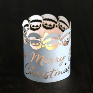 Laser-cut blue pearl paper LED candle holder with Santa Claus and Merry Christmas motifs