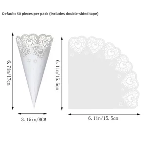 Detailed view of laser-cut white wedding confetti cones with dimensions and layout details