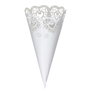 Laser cut white paper wedding petal cone with hollow heart and floral patterns