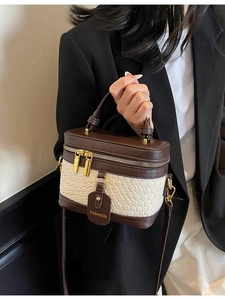 Retro Women PU Leather Woven Bucket Bag Stitching Contrast Color Top Handle Bag Small Vanity Case Crossbody Bag For Daily Commuting