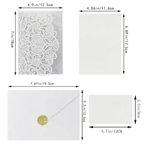 Laser cut lace girl wedding invitation set with detailed size dimensions in inches and cm