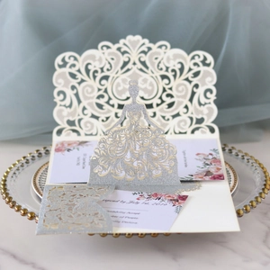 Elegant laser cut wedding invitation set with silver glitter princess silhouette cover