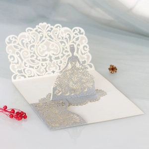 Detailed laser cut 3D pop-up wedding invitation card with silver glitter girl design