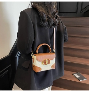 Detail of vintage crossbody bag with bear pattern, leather corners and golden turn-lock