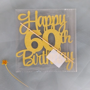 Goldenes Glitzer Happy 60th Birthday Kuchendeko Set mit Holzstab und Klebepunkten