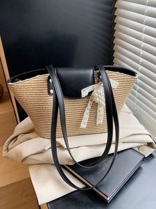 Women Summer Straw Woven Handbag Resort Beach Shoulder Bag With Artificial Pearl Lace Bow Decorative Pendant Large Capacity Bucket Tote