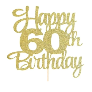 Detailansicht goldener Glitzer Happy 60th Birthday Tortenstecker mit Holzstab-Detail