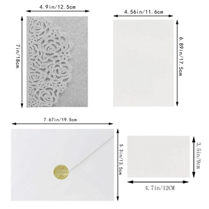 Laser cut floral silver glitter wedding invitation set with envelope and gold wax seal