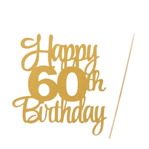 Gold glitzernder Happy 60th Birthday Tortenstecker mit Holzstab für Partydekoration