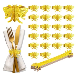 Golden glitter bee napkin rings set for wedding banquet table decor with gold cutlery