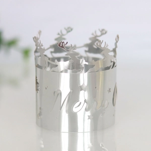 Silver mirror metal napkin ring with laser-cut reindeer and Merry Christmas text
