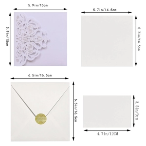 Detailed size guide for laser-cut wedding invitation set including envelope and cards