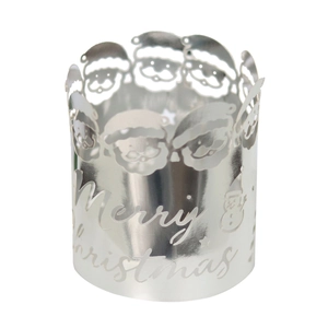Polished silver metal Christmas candle holder with Merry Christmas cutout and Santa patterns