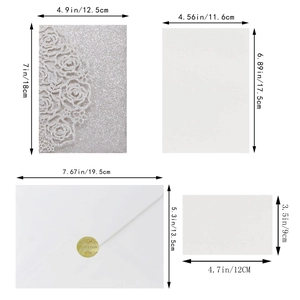 Laser cut rose wedding invitation set with silver glitter cover and size dimensions