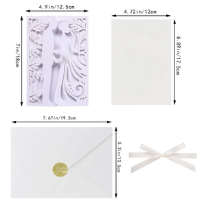 Laser-cut wedding invitation set with dimensions showing card and envelope size