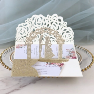 Laser Cut 3D Pop-up Wedding Invitation Card With Envelope Glitter Paper Floral Bride And Groom Design For Marriage Party