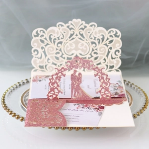 Elegant 3D laser cut wedding invitation set with rose gold glitter and ivory floral cards