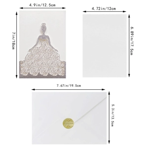 Set d'invitation de mariage découpé au laser avec paillettes et détails des dimensions