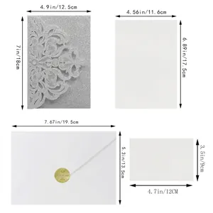 Laser cut rose silver glitter wedding invitation set with dimensions and envelopes