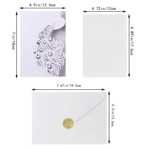 Laser-cut peacock wedding invitation set with envelope and gold wax seal sticker