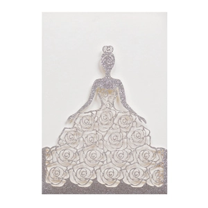 Invitation de mariage découpée au laser en paillettes or rose avec silhouette de robe fleurie