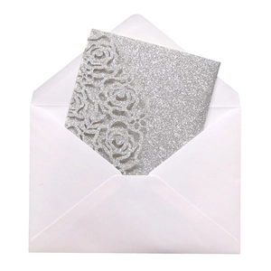 Detailed laser-cut silver glitter rose invitation card with premium white envelope