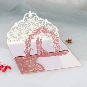 Detailed 3D laser-cut wedding invitation featuring a rose garden pop-up design and glitter