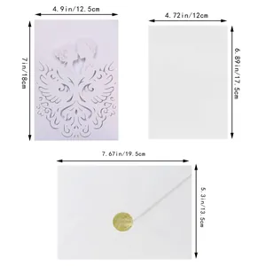Size guide for laser-cut wedding invitation with envelope and gold seal details